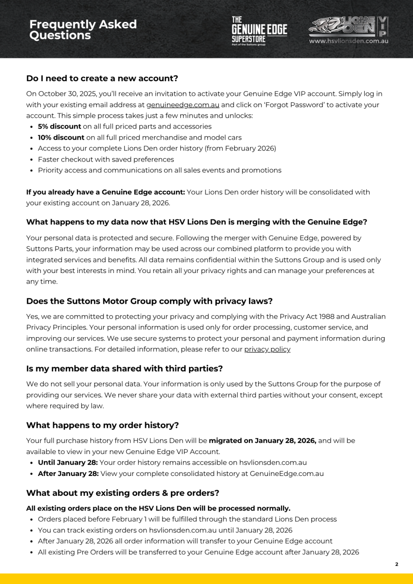 HSV Lions Den Website Merge FAQ's